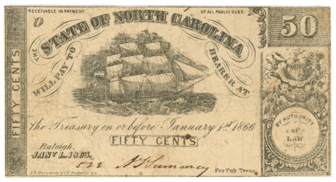 1863 State of North Carolina Raleigh NC 50c Obsolete Note CR-136A (64035)