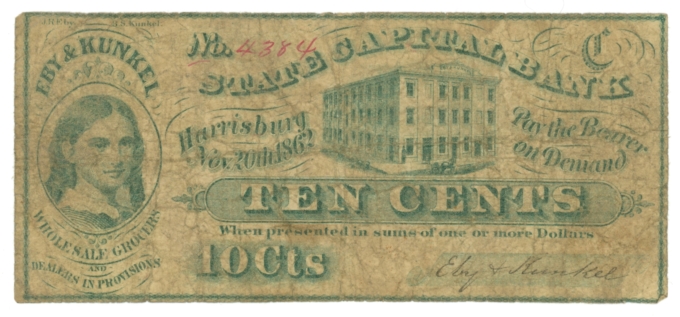 1862 Eby & Kunkel Harrisburg Pennsylvania PA 10c Obsolete Note (64036)