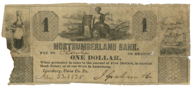 1838 Northumberland Bank Lewisburg Pennsylvania PA $1 Obsolete Note (64050)
