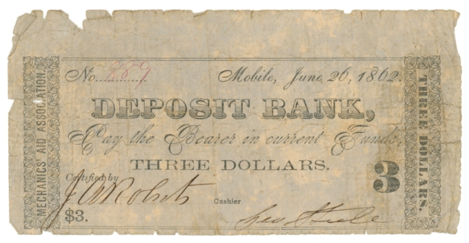 1862 Mechanics Aid Association Deposit Bank Mobile Alabama $3 Note (64055)