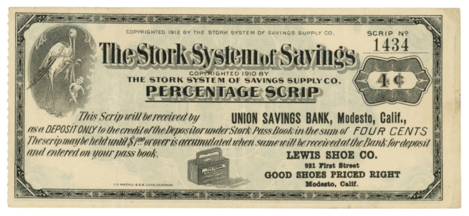 1910s Lewis Shoe Co. Modesto California 4c Scrip Stork System of Savings (64056)