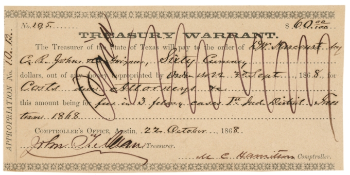 1868 Texas Treasury Warrant $60 Signed by John T. Allen TW-80 Medler-151 64018OZ