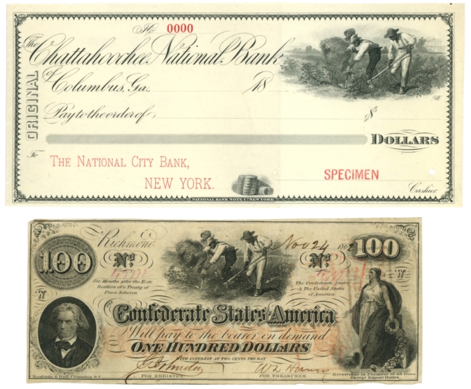18XX Specimen Bank Check & 1862 T-41 Confederate Note - Same Vignettes