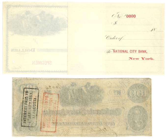 18XX Specimen Bank Check & 1862 T-41 Confederate Note - Same Vignettes