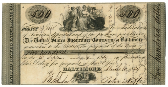 1834 United States Insurance Company of Baltimore Maryland $500 Note (64023OZ)