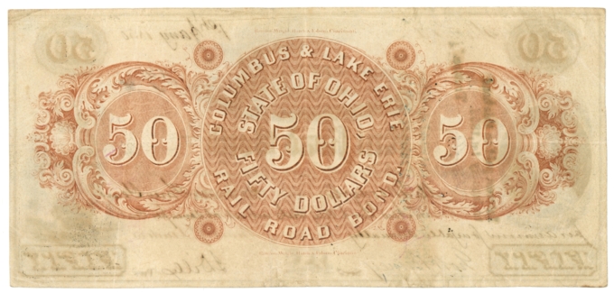 1850 Columbus & Lake Erie Railroad Co. Newark OH $50 Railroad Bond (64022OZ)