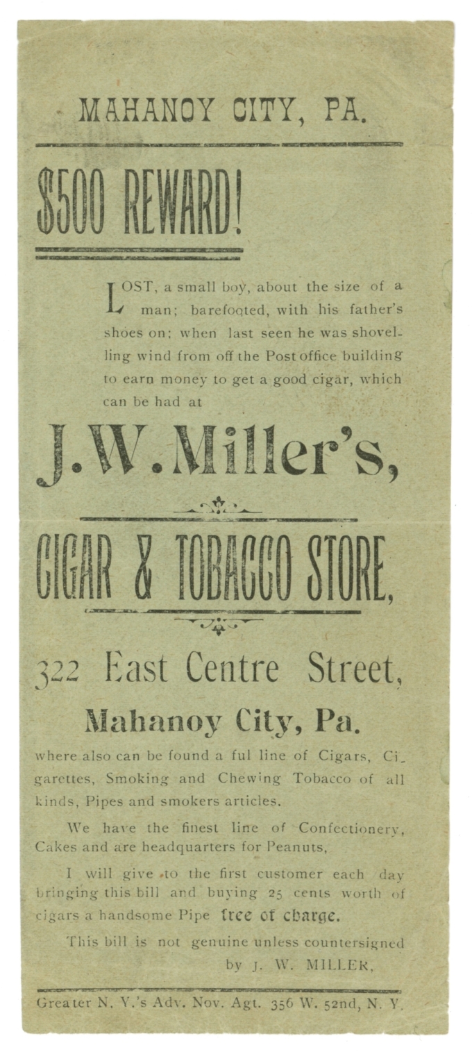 ND CSA Ad Mahanoy City PA Cigar & Tobacco Store (L5238)