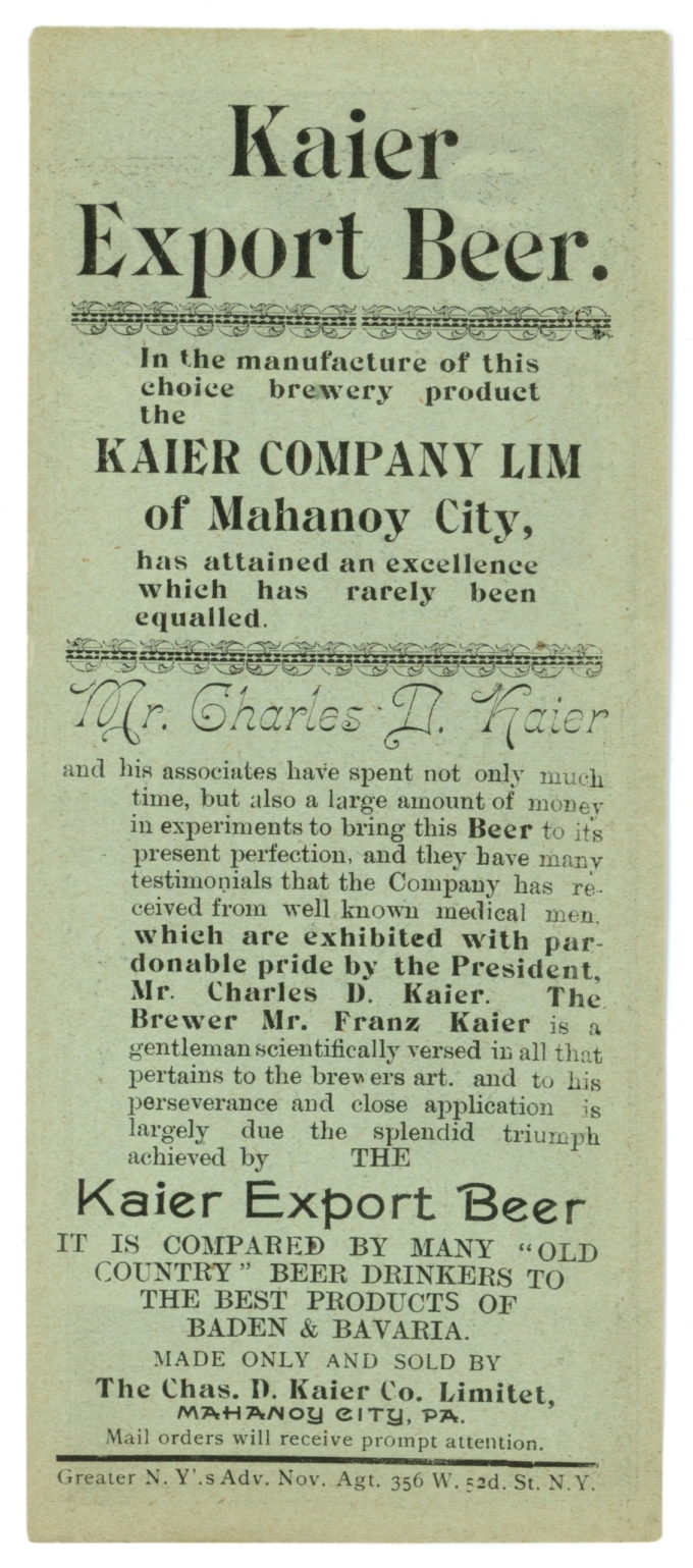 ND CSA Ad Kaier Export Beer Mahanoy City PA (L5240)