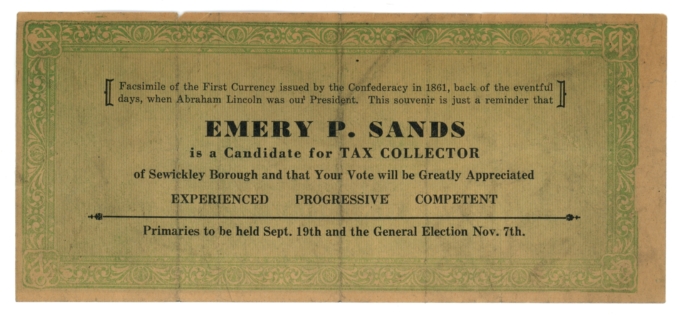 ND Emery P. Sands for Tax Collector Sewickley Borough PA CSA Ad Note (L5258)