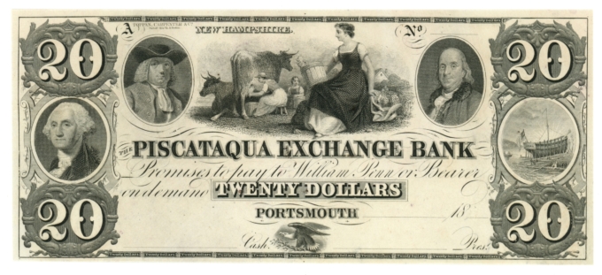 18XX Piscataqua Exchange Bank Portsmouth NH $20 Obsolete Note (L5259)