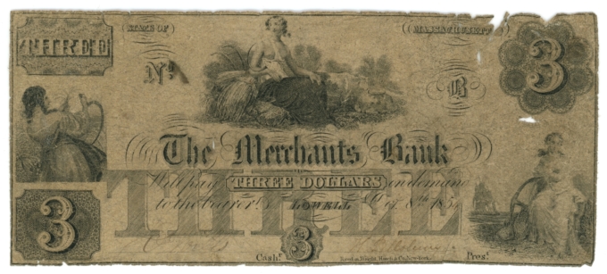 1854 Merchants Bank Lowell Massachusetts MA $3 Obsolete Note (L5264)
