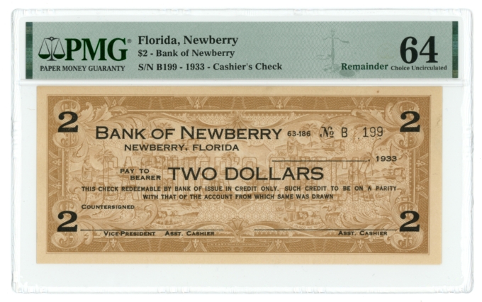 1933 Newberry Florida $2 Bank of Newberry FL PMG 64 (L5279)
