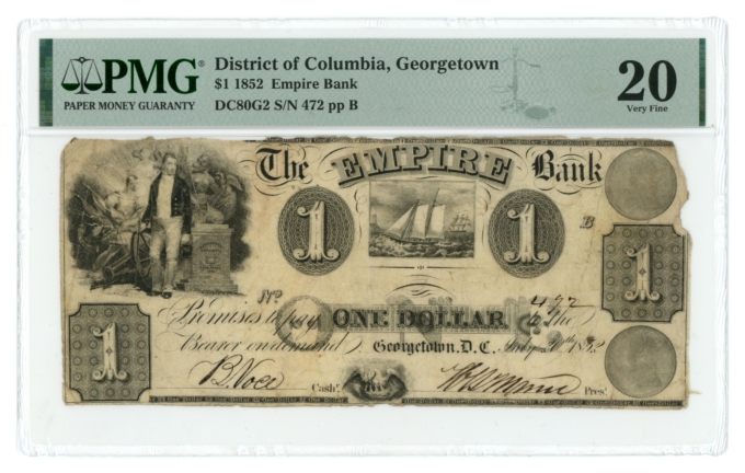 1852 Empire Bank District of Columbia Georgetown DC $1 PMG VF20 (L5280)