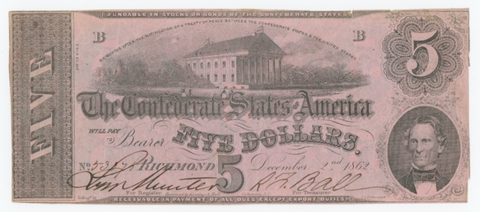 T-53 1862 Confederate States of America CSA $5 Note PF-7 CR-390 (64156)