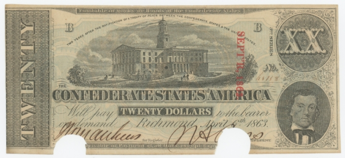 T-58 1863 Confederate States of America CSA $20 Note PF-28 CR-427 (64159)