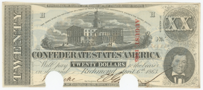 T-58 1863 Confederate States of America CSA $20 Note PF-29 CR-428 (64158)