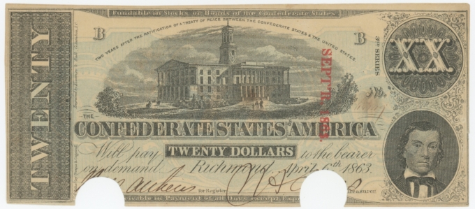 T-58 1863 Confederate States of America CSA $20 Note PF-28 CR-427 (64160)