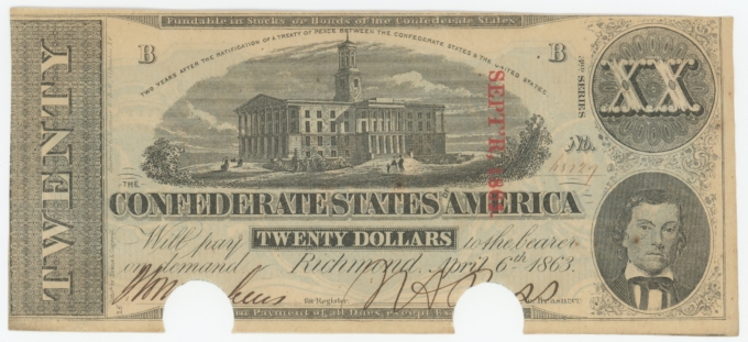 T-58 1863 Confederate States of America CSA $20 Note PF-28 CR-427 (64161)