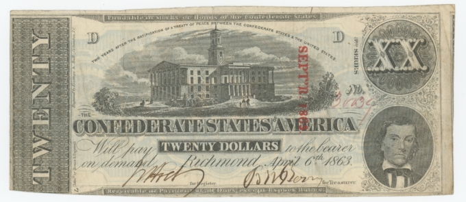 T-58 1863 Confederate States of America CSA $20 Note PF-29 CR-428 (64162)