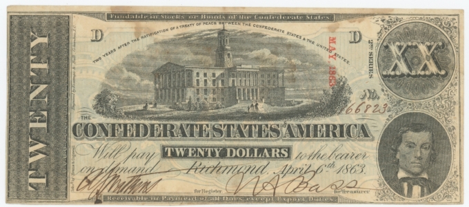 T-58 1863 Confederate States of America CSA $20 Note PF-21 CR-423 (64163)