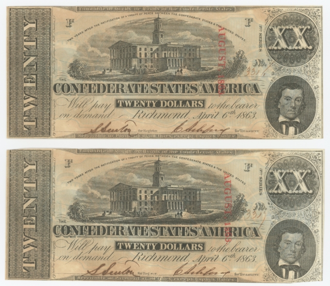 T-58 1863 Confederate States of America CSA $20 Notes 2 Notes in Sequence 64164