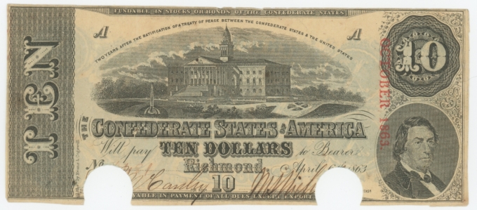 T-59 1863 Confederate States of America CSA $10 Note PF-33 CR-435 (64166)