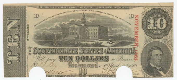 T-59 1863 Confederate States of America CSA $10 Note PF-19 CR-442 (64165)