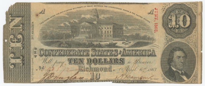 T-59 1863 Confederate States of America CSA $10 Note PF-16 CR-437 (64170)