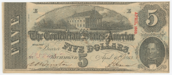 T-60 1863 Confederate States of America CSA $5 Note PF-4 CR-450 (64172)
