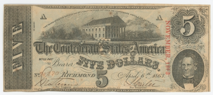T-60 1863 Confederate States of America CSA $5 Note PF-4 CR-450 (64173)