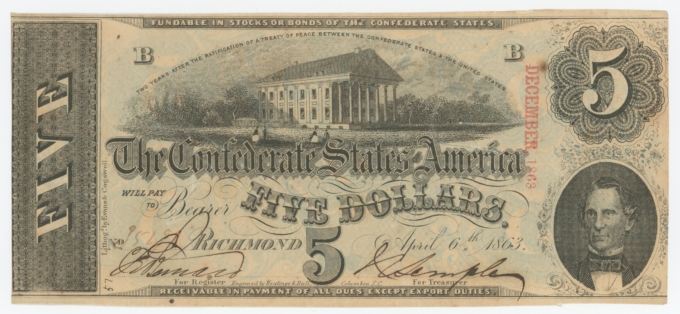 T-60 1863 Confederate States of America CSA $5 Note PF-27 CR-464 (64171)