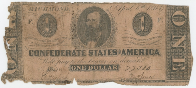 T-62 1863 Confederate States of America CSA $1 Note PF-1 CR-474 (64175)