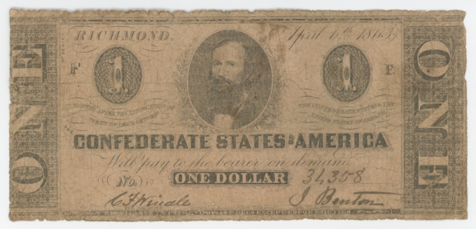 T-62 1863 Confederate States of America CSA $1 Note PF-6 UNL Rarity 11 (64176)