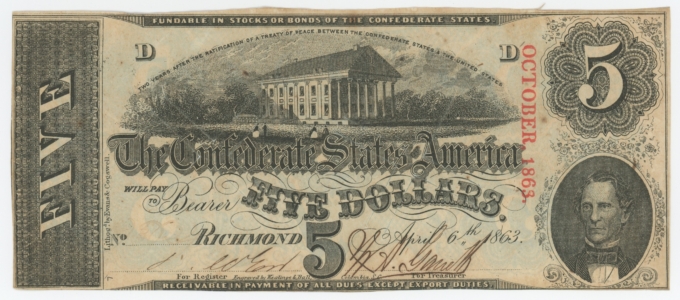 T-60 1863 Confederate States of America CSA $5 Note PF-27 CR-464 (64174)