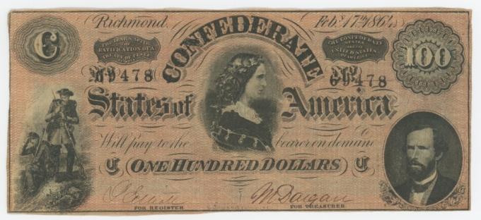 T-65 1864 Confederate States of America $100 Note No.69478 (64179)