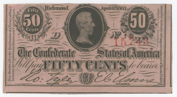 T-63 1863 Confederate States of America CSA 50c Note PF-8 CR-487 (64177)