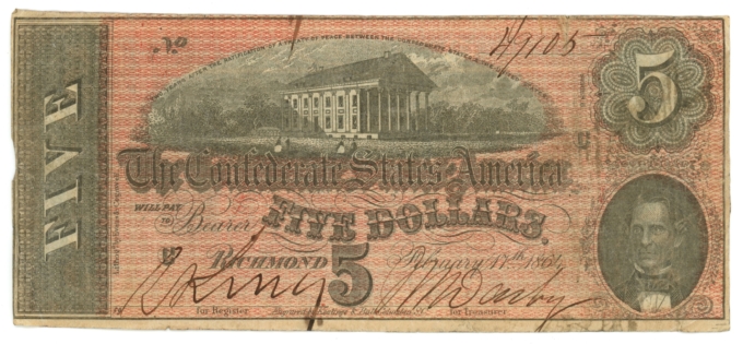 T-69 1864 Confederate States of America CSA $5 Note PF-10 CR-564 (64211)