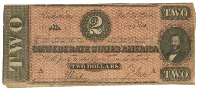 T-70 1864 Confederate States of America CSA $2 Note PF-1 CR-569 Nice Color