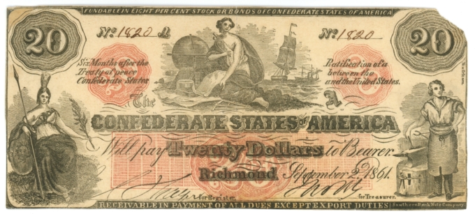 CT-19 1861 Confederate States of America CSA $20 Note CTFT (64201)
