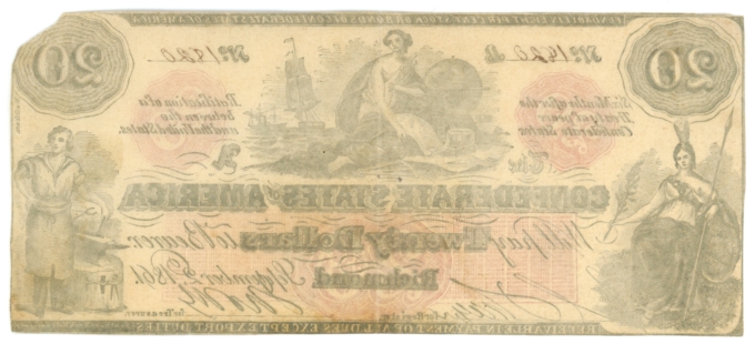 CT-19 1861 Confederate States of America CSA $20 Note CTFT (64201)