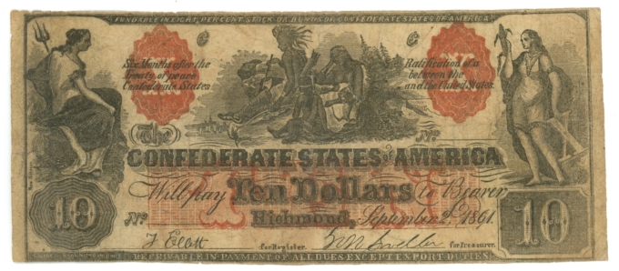 CT-22 1861 Confederate States of America CSA $10 Note CTFT (64203)