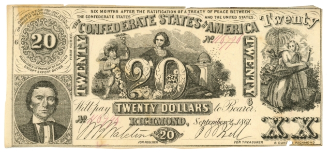 CT-20 1861 Confederate States of America CSA $20 Note CTFT (64202)