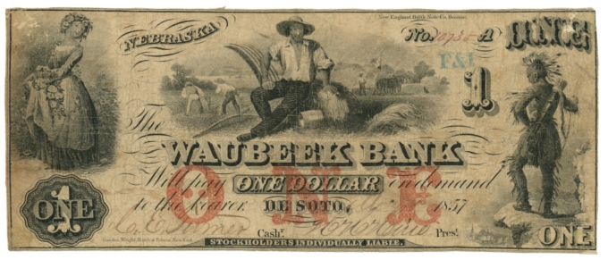 1857 Waubeek Bank De Soto Nebraska $1 Obsolete Note - Haxby NE30-G2A (64092)