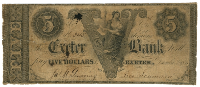 1855 Exeter Bank Exeter New Hampshire NH $5 Obsolete Note RARE (64091)