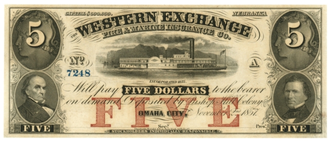 1857 Western Exchange Fire & Marine Insurance Co. Omaha City Nebraska $5 Note