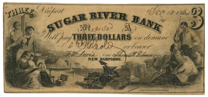 1864 Sugar River Bank Newport New Hampshire $3 Obsolete Note CTFT (64094)