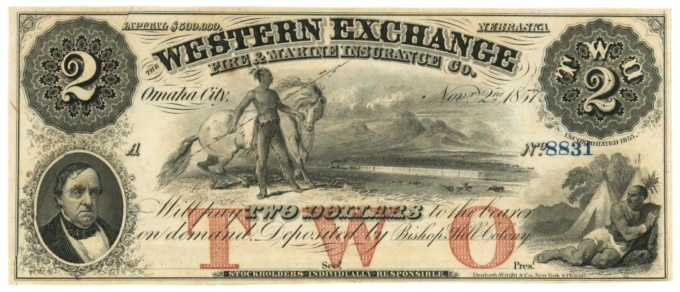 1857 Western Exchange Fire & Marine Insurance Co. Omaha City Nebraska $2 Note
