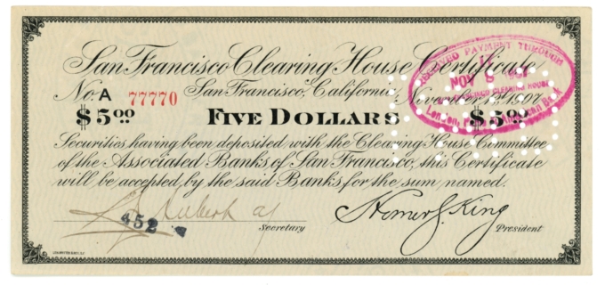 1907 San Francisco Clearing House California $5 Certificate No.77770 (64218OZ)