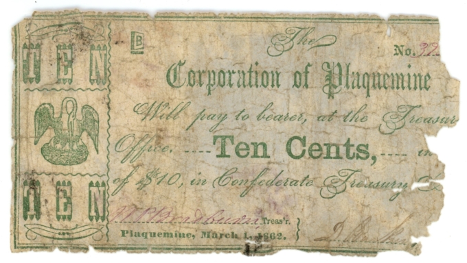 1862 Corporation of Plaquemine Louisiana LA 10c Obsolete Note (64220)