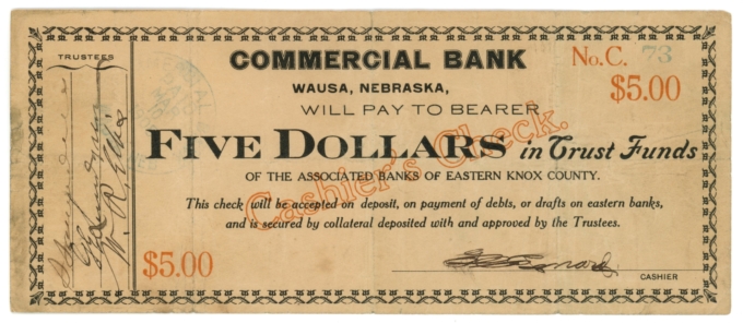 1905 Commercial Bank Wausa Nebraska NE $5 Cashier's Check (64222)